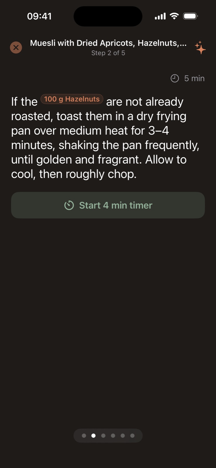 Cook Mode step with an inline ingredient amount and a Start 4 min timer button