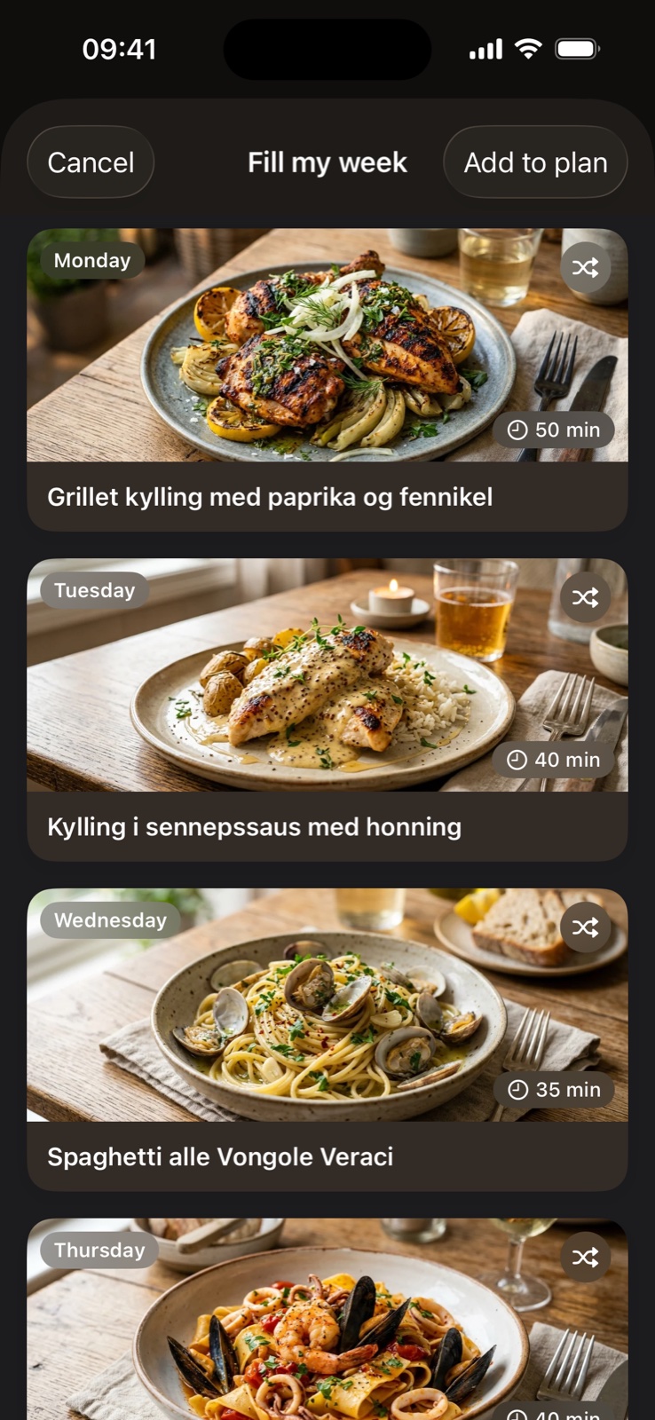 The Fill my week sheet proposing a dinner for each weekday