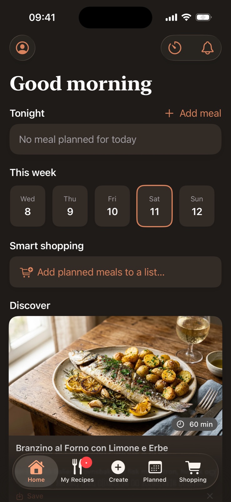 Taverna home screen: tonight's meal, the week ahead, smart shopping and a discover feed