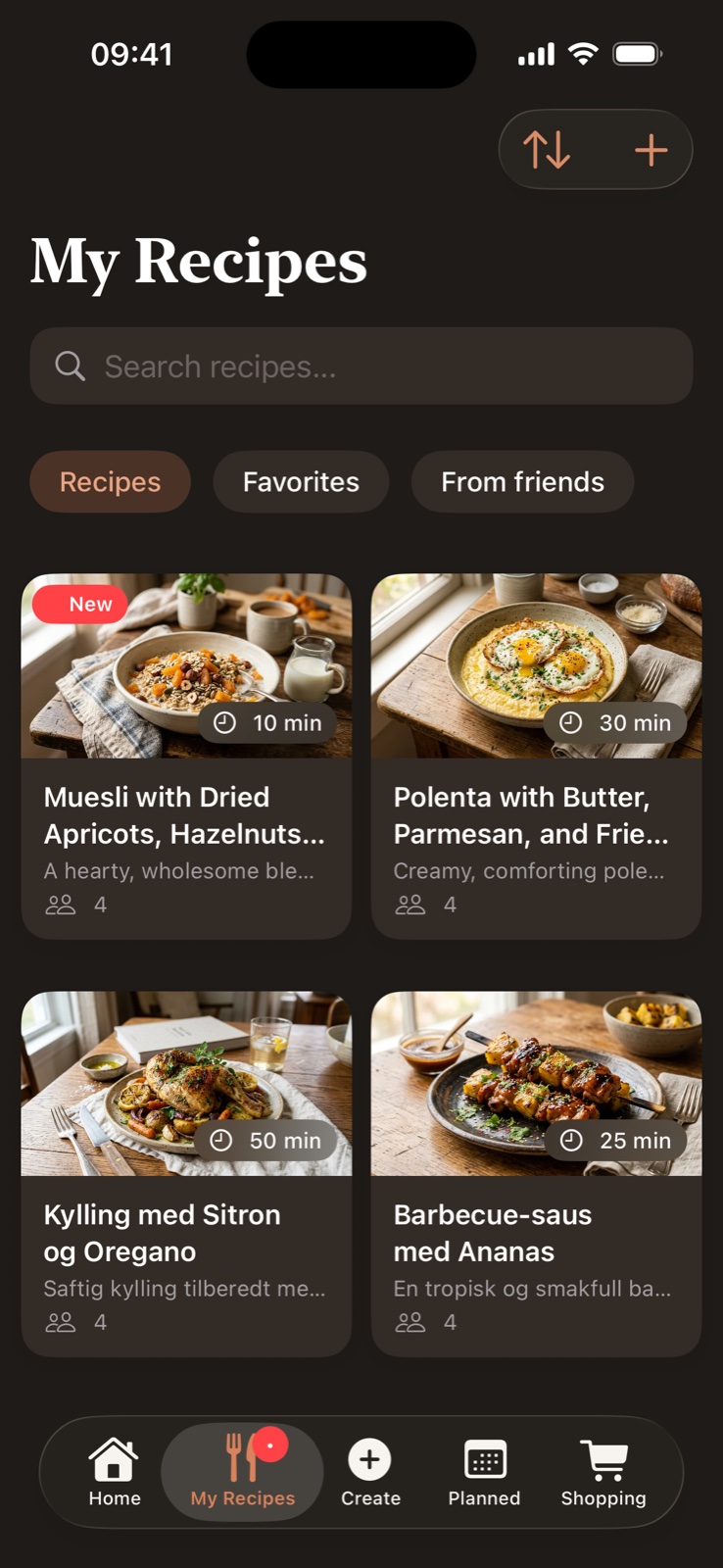 My Recipes: a grid of recipe cards with photos, cooking times and servings