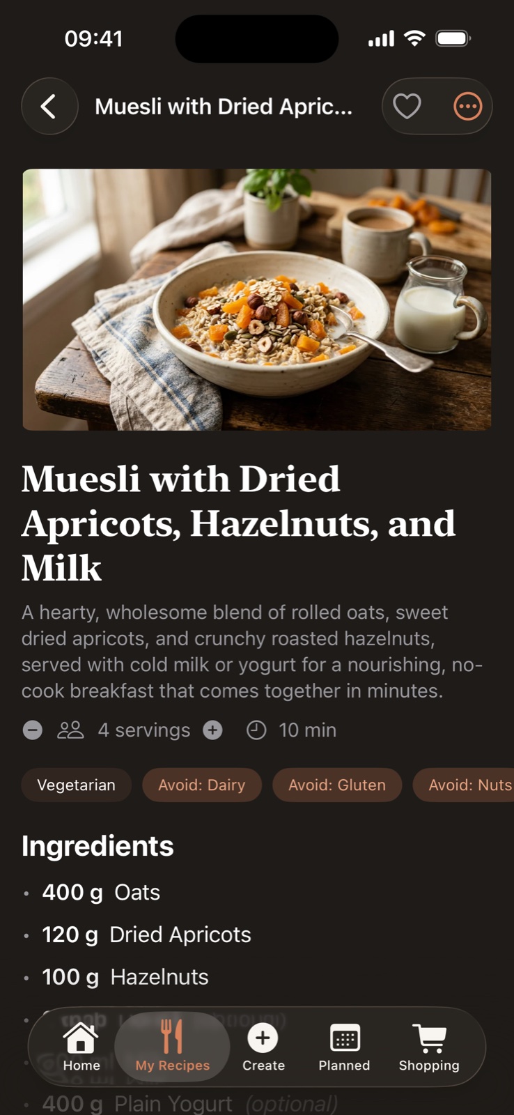 A recipe page with servings, time, and allergy chips